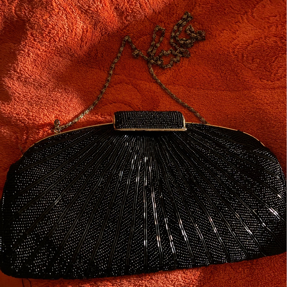 Black Beaded Evening Clutch with Gold Chain